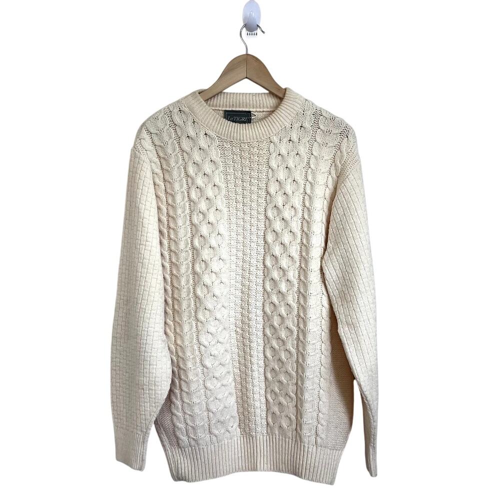 Vintage Le Tigre Mens Fisherman Sweater Size LT‎ Cream Cable Knit Chunky Preppy